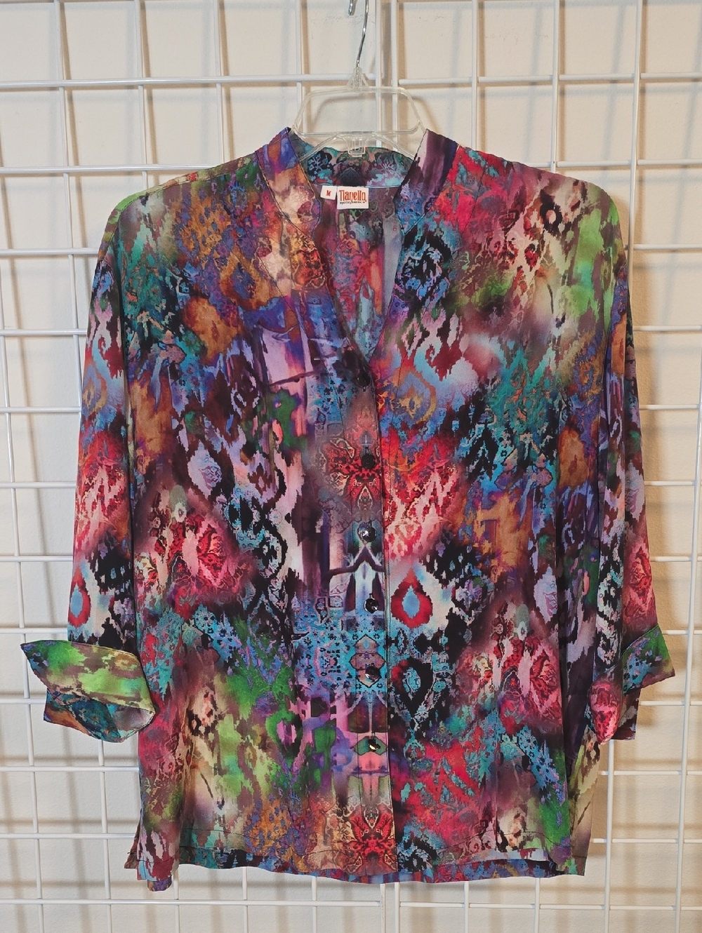 Tianello Vintage Multicolor Abstract  Print Silk Button-Front Blouse Suze Medium